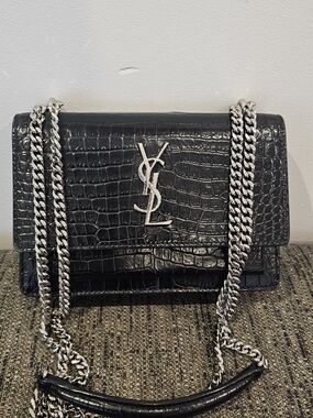 Saint Laurent Black Croc-Embossed Leather Monogram Shoulder Bag